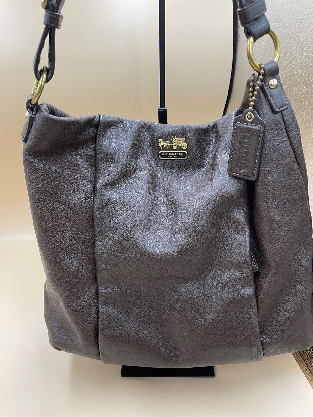 COACH Dark Brown Pebbled Leather Shoulder Bag with Gold Hardware Thick Strap